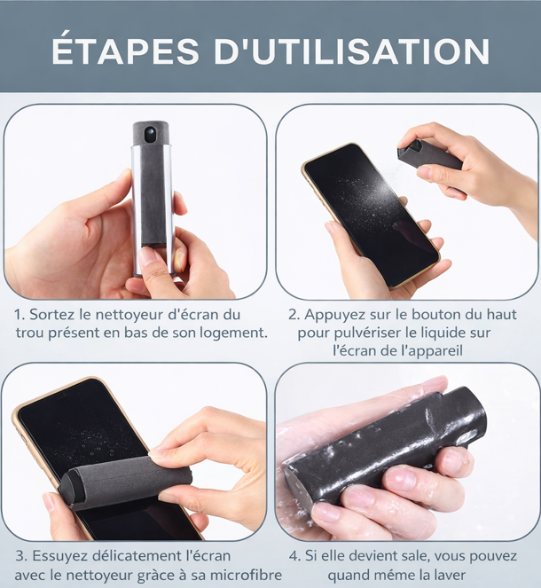 Spray nettoyant pour écran 2 en 1 - Microfibre intégrée & rechargeable